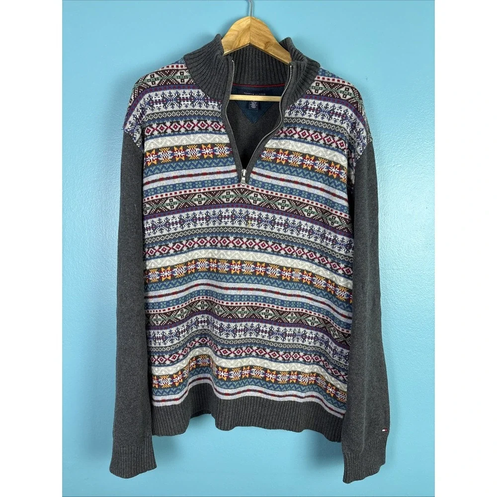 Tommy Hilfiger Mens Fair Isle Striped 1/4 Zip Sweater XL Gray Colorblock Nordic